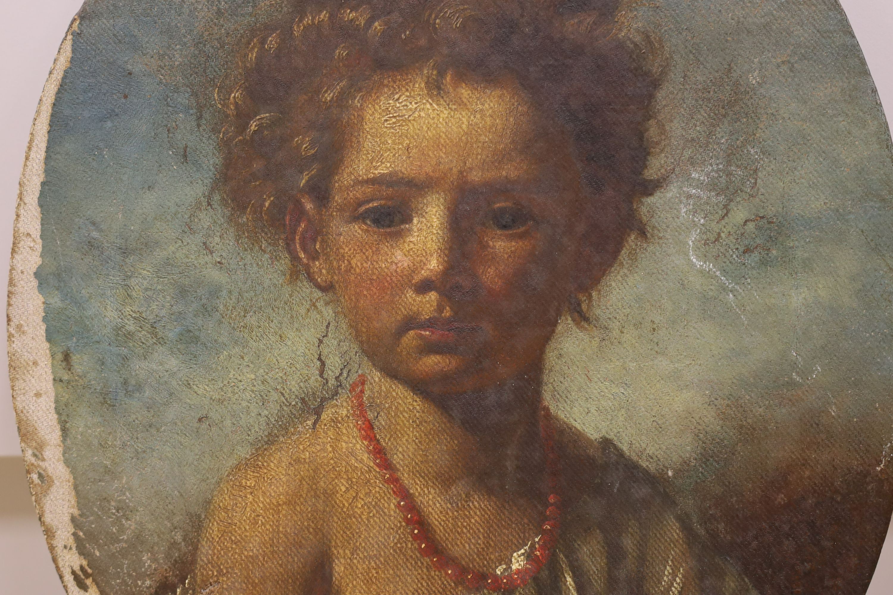 19th century Italian School, oil on canvas, Portrait of a girl wearing a coral bead necklace, 47 x 38cm, unframed (a.f.)